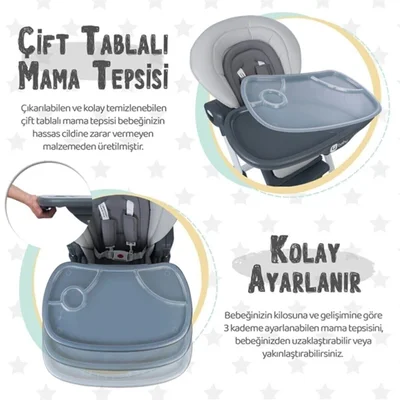 Lüx Katlanır Tekerlekli Bebek Mama Sandalyesi Gri - Resim 2