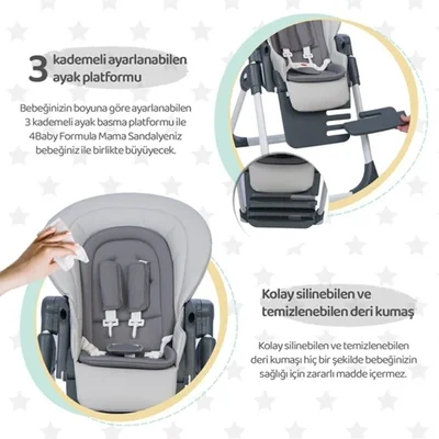 Lüx Katlanır Tekerlekli Bebek Mama Sandalyesi Gri - Resim 3
