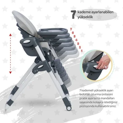 Lüx Katlanır Tekerlekli Bebek Mama Sandalyesi Gri - Resim 4