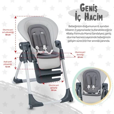 Lüx Katlanır Tekerlekli Bebek Mama Sandalyesi Gri - Resim 6