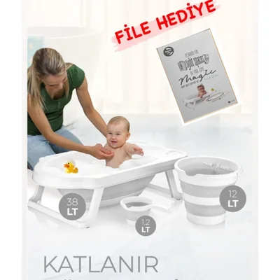 Katlanır Çocuk Küveti Su Kovası Ve Maşrapa Seti Akordiyon Bebek Yıkama Seti Gri - Resim 1