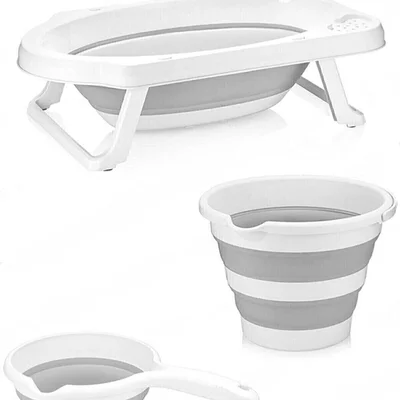 Katlanır Çocuk Küveti Su Kovası Ve Maşrapa Seti Akordiyon Bebek Yıkama Seti Gri - Resim 2