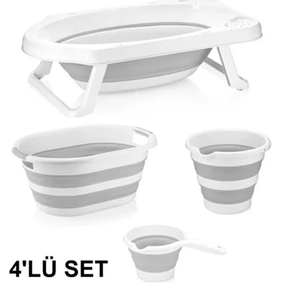 Katlanabılır Banyo Seti Gri 4 Lü Set Sepet Kova Koçero Küvet - Resim 1